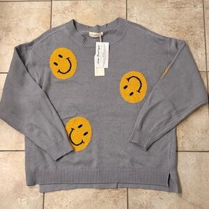 By Together Smiley Knit Sweater Dusty Blue Yellow Smiley Faces NWT Size Small